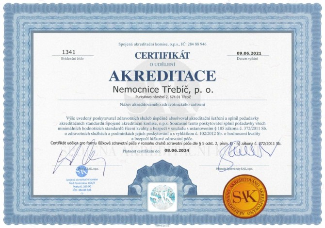 Certifikát o udělení akreditace