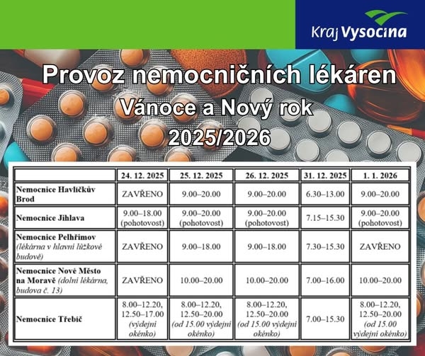 Provozní doba lékáren v nemocnicích Kraje Vysočina o svátcích
