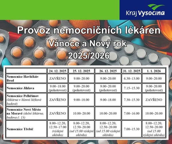 Provozní doba lékáren v nemocnicích Kraje Vysočina o svátcích
