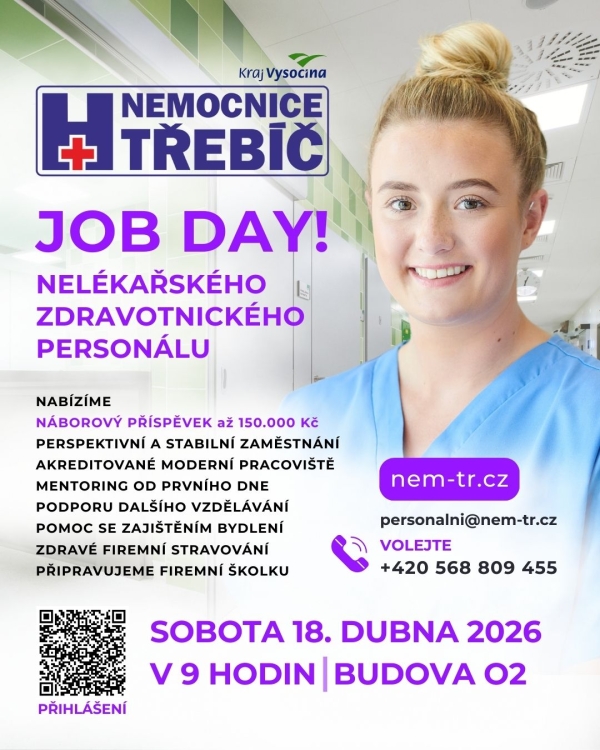JOB DAY! nelékařského zdravotnického personálu v Nemocnici Třebíč - sobota 18. dubna 2026
